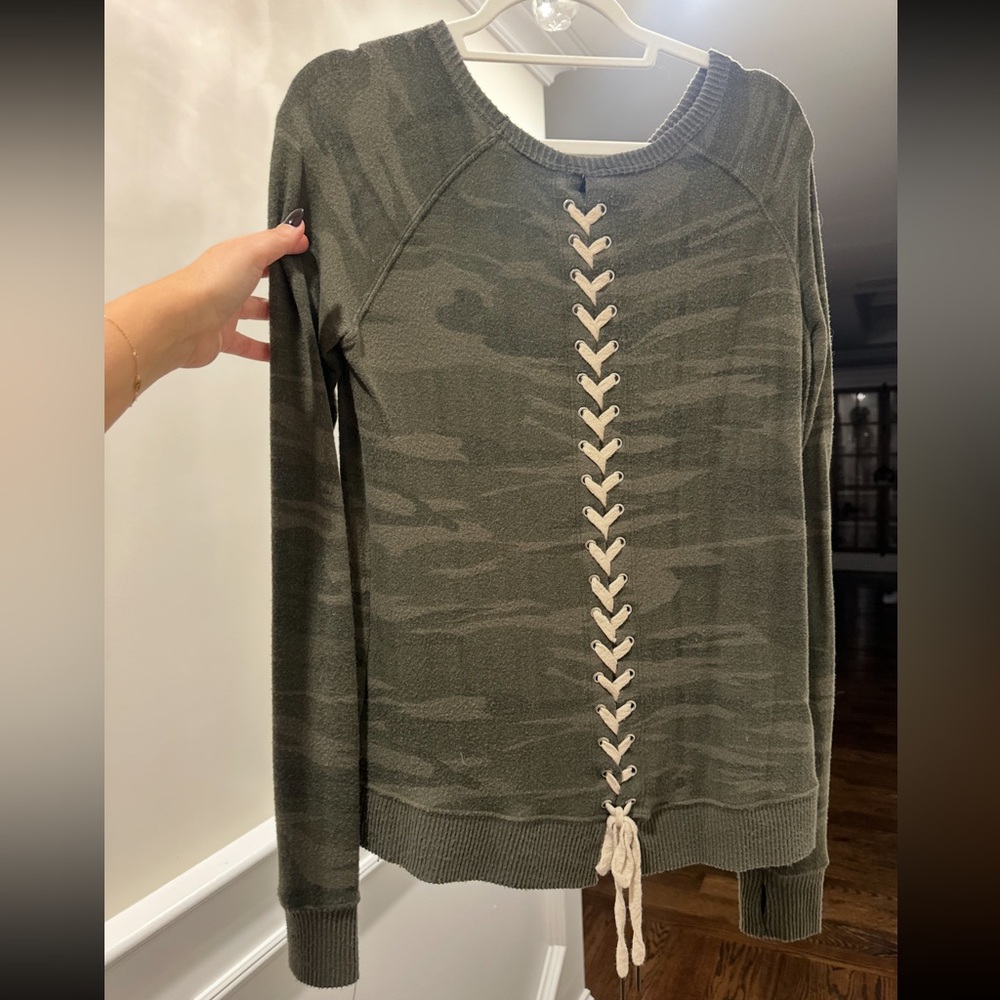 Green Camo Lace-Up Sweater